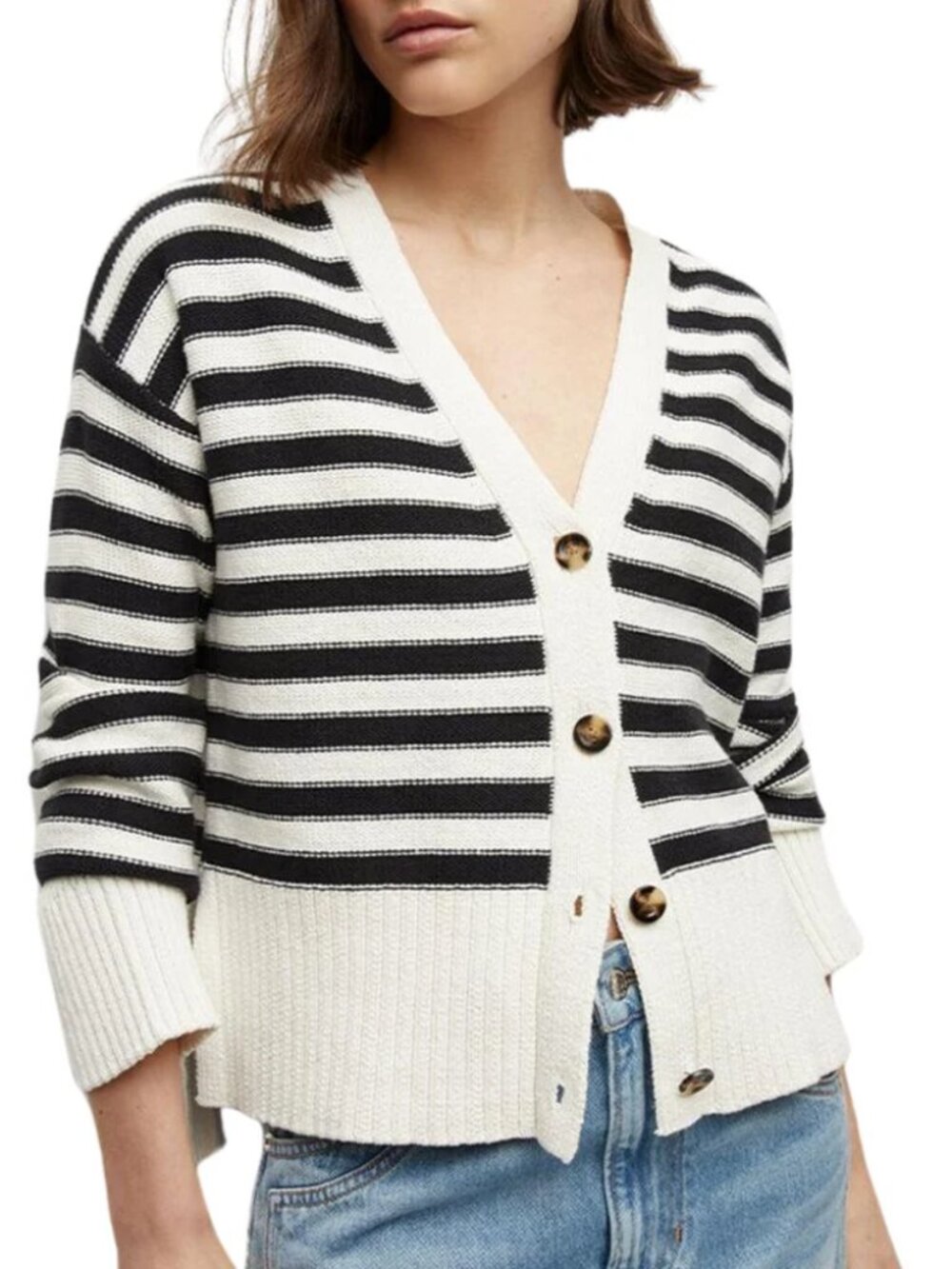 Veronica Beard Saylor Cotton Cardigan in Off White/Black Size Medium